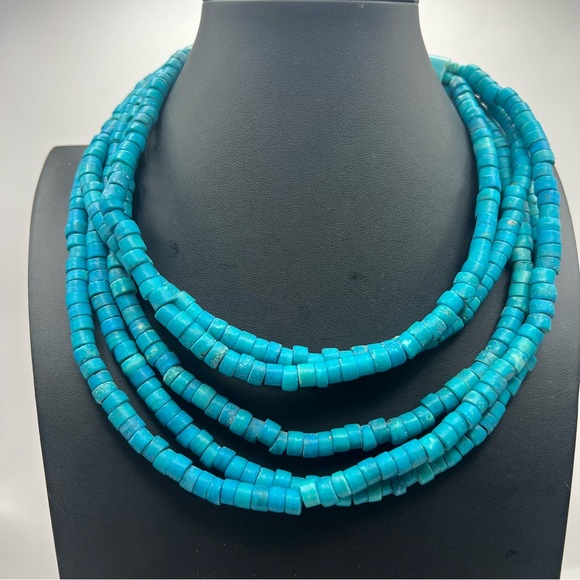 Monies Jewelry - Vintage Monies Horn Clasp Multistrand Hand Dyed Turquoise Wood Bead Necklace